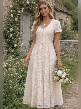 Vintage ALGO Lace Midi Dress Ivory Corset Back Cottagecore Romantic 7/8